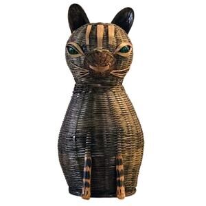 Adorable Vintage Cat-Shaped Wicker Container Possibly 70s Green-Marble Eyes 9"